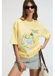 GRIMELANGE Nitza Women's 100% Cotton Oversize Crew Neck Yellow T-Shirt