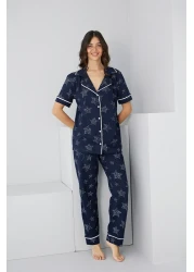 Siyah İnci بدلة بيجامة محبوكة من القطن بنمط نجمة زرقاء داكنة7886