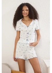  Collection طقم بيجامة محبوكة مع شريط/فيونكة من القطن الأبيض بنسبة 100% مع شورت مضلع THMSS25PT00434