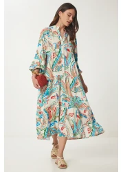 Happiness İstanbul Women's Cream Blue Patterned Buttoned Summer Viscose Dress Cr00429