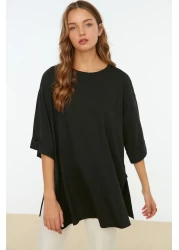  Collection Asymmetrical Boyfriend Cut Knitted T-Shirt - Black, Double Sleeve, Wide - Twoss20Ts0828