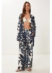 Lovelyİstanbul طقم بنطلون كيمونو صيفي منقوش من الفسكوز SMOKED BONE LJE0003