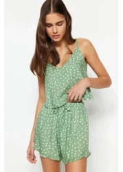  Collection Mint Polka Dot Ruffle Detail Rope Strap Viscose Shorts Woven Pajama Set Thmss21Pt0742