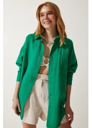 Happiness İstanbul Women's Green Pocket Oversize Muslin Shirt MX00150