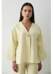 JASTE Women's Buttoned V-Neck Kimono & Elastic Waist Trousers Linen Set