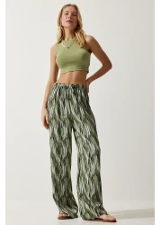 Happiness İstanbul بنطلون بالازو فسكوزي منقوش باللون الكاكي للنساء EN00606