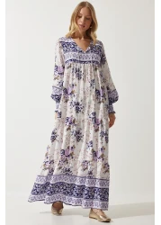 Happiness İstanbul فستان فيسكوز طويل كبير الحجم منقوش باللون الأرجواني للنساء DD01309