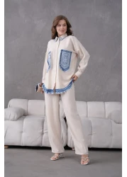 Miss Allos طقم قميص وبنطلون من الكتان بجيب أمامي مطرز باللؤلؤ والحجر للنساء