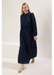  Modest فستان منسوج ذو قصة واسعة وياقة واقفة باللون الأزرق الداكن TCTSS22EB00171