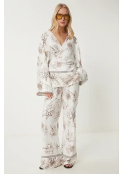 Happiness İstanbul طقم تونيك وبنطلون صيفي منقوش باللون البني للنساء FN03457