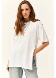 Olalook Women's White Cotton T-Shirt with Gold Buttons on the Sides TSH-19000762