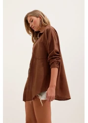 Bigdart 20153 Single Pocket Oversize Linen Shirt - Brown