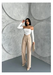 Zeo Basic Women's High Waist Velcro Closure Palazzo Pants