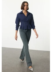  Collection قميص منسوج باللون الأزرق الداكن - مناسب للخصر، موديل مناسب TWOAW24GO00186