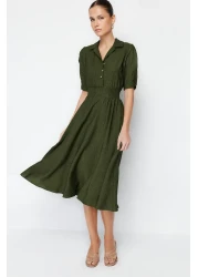  Collection Khaki A-line Shirt Collar Guiped Midi Woven Dress TWOSS21EL1023