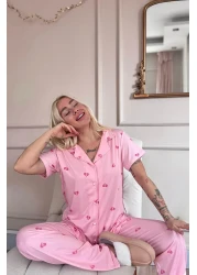 Pijamaevi Pink B Patterned Bamboo Front Buttoned Short Sleeve Pajama Set