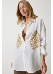 Happiness İstanbul قميص نسائي من القطن الكتاني المطرز باللون الأبيض DM00134