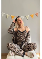 Pijamaevi طقم بيجامة بيغاسوس مع رداء نسائي بنقوش الفهد باللون البني