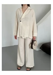 Laluvia طقم بنطلون كيمونو بزر واحد من القطن الطبيعي 100% مزدوج الصدر - 8351