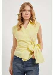 Arma Life Women's Side Tie Sleeveless Double Breasted Collar Yellow Blouse