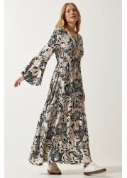 Happiness İstanbul فستان فيسكوز صيفي منقوش باللون البيج للنساء DD01303