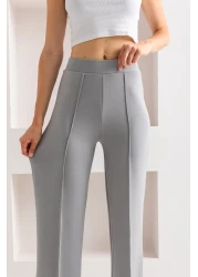 CNRCollection بنطال ضيق مضلع عالي الخصر باللون الرمادي - قماش مودال، بنطال واسع الساق