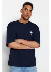  Collection Far East Patterned Navy Blue Oversize Cotton T-Shirt - TMNSS23TS00170