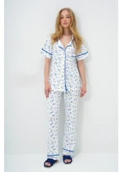 Trend Alaçatı Stili Women's Micro Floral Saks Single Pocket Piping Detailed Cotton Shirt and Pants Pajama Set Pjm-X13898