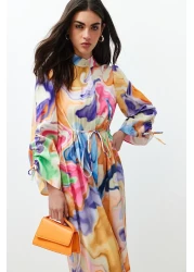  Modest Multi-Colored Magnifying Collar Drawstring Gather Detailed Abstract Woven Dress TCTSS24EB00103