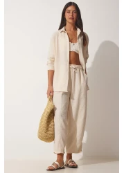 Happiness İstanbul طقم بنطلون شالوار قميص كتان كريمي نسائي DZ00080