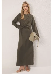  Modest Khaki Linen Look Woven Dress Tctss25Eb00129