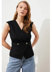  Collection بلوزة منسوجة مزدوجة الصدر بأزرار على شكل عظمة سوداء TWOSS20BZ0707