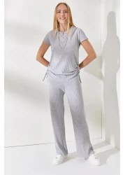 Olalook Women's Gray Side Gathered Blouse Palazzo Trousers Set TKM-19000196