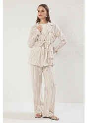  Modest Beige Linen Blended Striped Woven Under-Upper Set Tctss25Us00027