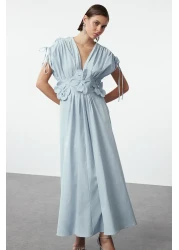  Collection فستان سهرة أنيق من البوبلين باللون الأزرق الفاتح مع تفاصيل زهور ثلاثية الأبعاد فستان التخرج الليلي TPRSS24EL00282