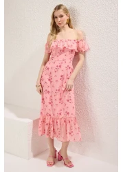  Collection Pink Floral Skirt Waist Opening Ruffle Chiffon Flight Flight Woven Midi Dress Twoss25El00278