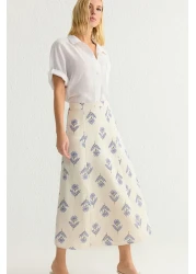  Collection Blue Floral Print Linen Blended A-Line Midi Skirt - Twoss24Et00105