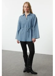  Collection Oversize Blue Denim Shirt - Tie-Up, TWOAW25GO00082