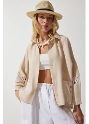 Happiness İstanbul Women's Beige Lace Detailed Linen Shirt TP00031