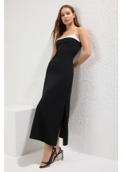  Collection Black Color Block Accessory Detailed Maxi Crepe Knitted Dress Twoss25El00362