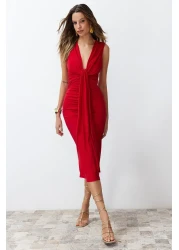  Collection Stylish Red Draped Knitted Evening Dress - Fitting on the Body, TPRSS24EL00161