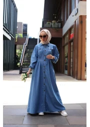 HARMAN BUTİK Buttoned Long Denim Hijab Dress Light Blue