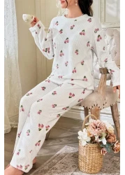 BELLA NOTTE Floral Print Corduroy Cotton Long Pajamas Set