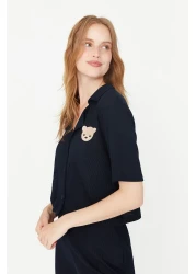  Collection Navy Blue Teddy Bear Ribbed Knitted Pajamas Set Thmss21Pt0168