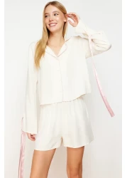  Collection Ecru Laced/Ribbon/Bow and Ribbed Viscose Shorts Woven Pajama Suit Thmss24Pt00047