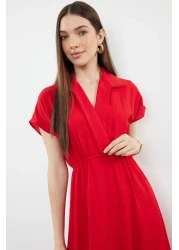  Collection فستان Aerobin أحمر متوسط الطول - سادة على شكل حرف A، ياقة مزدوجة الصدر TWOSS24EL00599