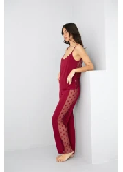 Siyah İnci طقم بيجامة فيسكوز بتفاصيل حبل عنابي اللون من التول 7769