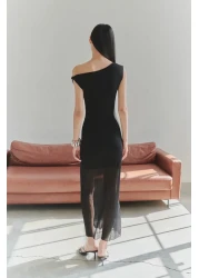  Collection طبعة محدودة فستان ميدي تريكو أسود بمظهر Trasnsparan