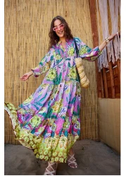 LOCCO فستان نسائي بنمط نباتي تجريدي وردي-بنفسجي