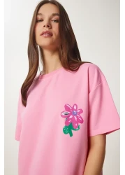 Happiness İstanbul Women's Pink Flower Printed Oversize Knitted T-Shirt Zv00282